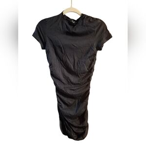 Theory Mini Dress P Sz 0 Black Ahort Sleeve Stretch Ruched Crew NeckDimensions